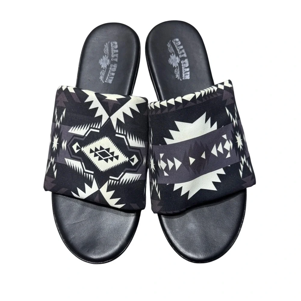 Crazy Train Platform Sandals Womens 9 Southwestern Print Black Wedge Slides Boho
